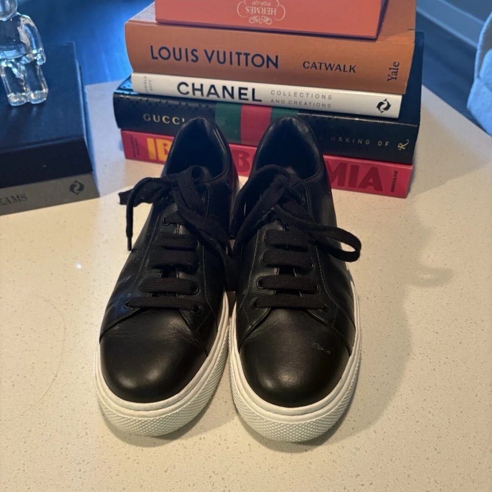 Prada Black Leather Platform Sneakers with White Soles